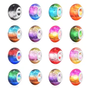 Set of 16 colorful acrylic beads with mixed patterns and silver metal inner rings