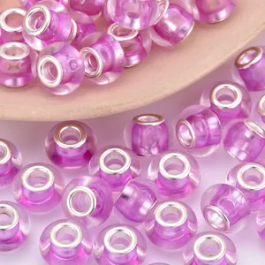 Cuentas acrílicas rosas translúcidas de agujero grande con núcleo de plata para DIY