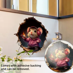 3D cartoon mouse with pink hoodie and headphones wall sticker with adhesive backing