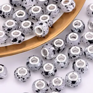 Ink-wash gray tie-dye resin large hole beads with silver metal core for DIY jewelry