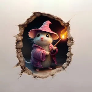 3D wall sticker featuring a cute mouse in pink wizard robe with glowing torch detail