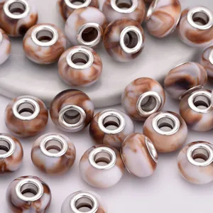 Brown and white marble resin beads with silver metal core for charm bracelets