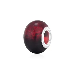 9x14mm large hole resin charm bead with red and black marble texture and silver core