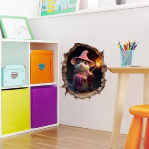 Detailed 3D effect wall sticker showing a cartoon mouse wizard in a broken wall hole