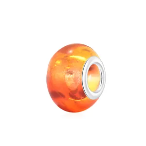 Translucent orange resin charm bead with polished silver metal core for DIY bracelets