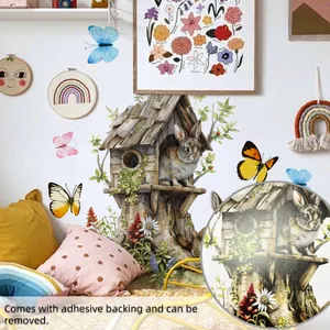 Détail du sticker mural cabane lapin de Pâques avec fleurs et papillons colorés