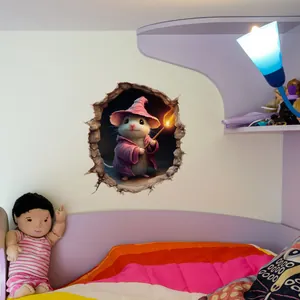 3D wall sticker featuring a cute wizard mouse in a broken wall hole for kids' room