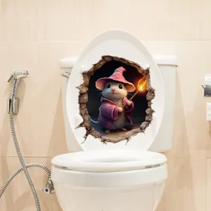 3D cartoon mouse wizard sticker with torch breaking through white toilet lid cover