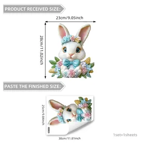 Détail du sticker lapin de Pâques montrant la taille de la feuille et les dimensions finales