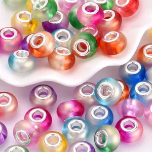 Acrylic Resin Big Hole Beads Gradient Rainbow Glitter Loose Beads Alloy Core For DIY Bracelet Necklace Making