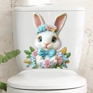 Détail d'un autocollant 3D lapin avec fleurs colorées sur une surface en céramique