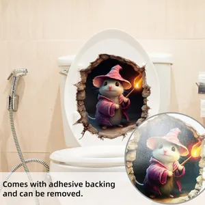 Detail showing 3D visual mouse wizard sticker applied to a white toilet lid surface