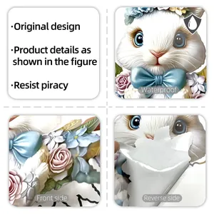 Détail de l'autocollant lapin de Pâques étanche avec design floral et matériau adhésif au dos