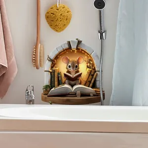 3D cartoon mouse in bookshelf wall sticker with realistic stone arch design