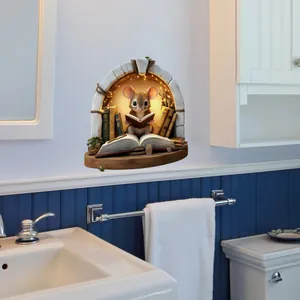 Detail of 3D mouse reading in stone arch wall sticker for cozy room decoration