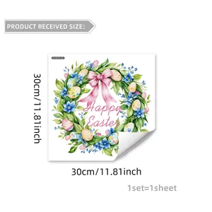 Détail macro de l'autocollant de toilette Joyeuses Pâques avec couronne et œufs 30x30cm