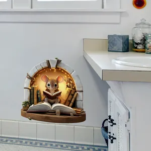 3D cartoon mouse reading in a stone library hole wall sticker for kids room decor