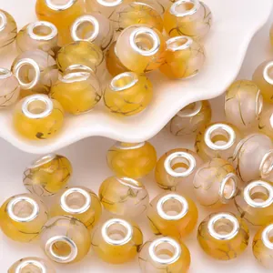 Amber acrylic beads with gold foil pattern and silver metal cores for DIY jewelry