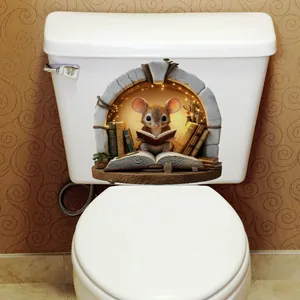 3D creative toilet sticker showing a cute little mouse reading in a stone arch bookshelf