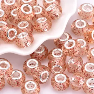 Champagne resin large hole beads with red glitter and silver core for DIY jewelry