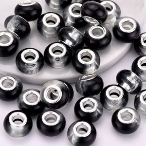 Polished black gradient acrylic beads with silver metal core for DIY jewelry making