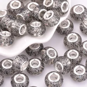 Ink style grey resin beads with black spots and silver metal core for DIY bracelets