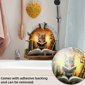 Detailed 3D cartoon mouse reading wall sticker on a bathroom tile background