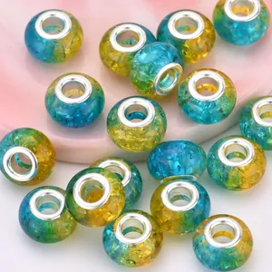 14mm blue and yellow cracked glass beads with large hole metal core for bracelets