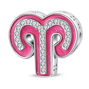 Pink enamel Aries zodiac charm pendant in silver alloy for DIY bracelets