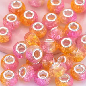 14mm pink and orange gradient resin large hole beads with shimmer crackle texture