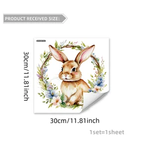 Vue détaillée des dimensions du sticker lapin de Pâques et du motif couronne florale