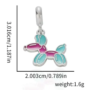 Detailed view of balloon dog charm in teal and pink enamel with product dimensions