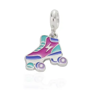 DIY silver alloy roller skate charm with pink and teal enamel for charm bracelets