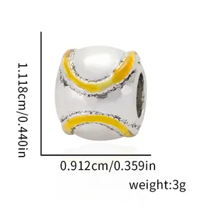 Macro view of a baseball bead charm with yellow enamel stitching and precise dimensions
