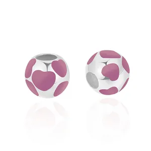 Silver bead with pink enamel hearts for DIY charm bracelets and jewelry making
