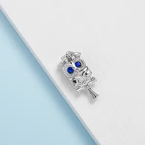 Silver owl pendant charm with blue eyes and graduation cap for DIY jewelry making