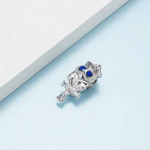 Silver owl charm with graduation cap and blue crystal eyes for DIY jewelry making