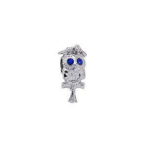 Silver owl bead with graduation cap and blue crystal eyes for DIY bracelets