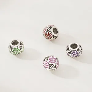 Enamel floral hollow beads in silver alloy for DIY jewelry bracelet making
