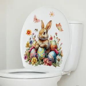 Détail de l'autocollant pour abattant de WC avec lapin de Pâques et fleurs colorées