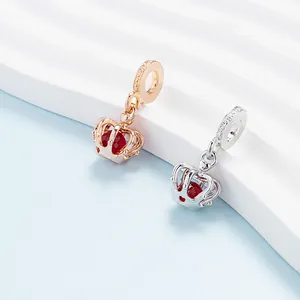 Alloy Crown Charm Bead Red Zirconia Heart Drip Oil Hollow Design For DIY Bracelet Jewelry Accessories Women Gift