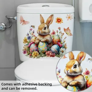Détail des autocollants de toilette de Pâques avec lapins, œufs et motifs floraux