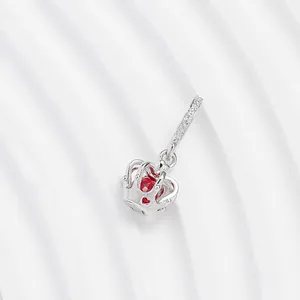 Silver crown charm with red heart stone and clear zircon accents for DIY bracelets