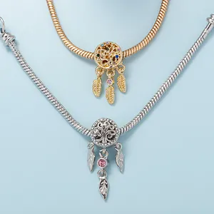 Silver and rose gold dreamcatcher tree of life charm bracelet with colorful zircon and feathers
