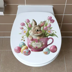 Autocollant lapin de Pâques en tasse rose avec tulipes sur couvercle WC blanc