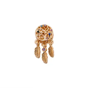 Golden Tree of Life dreamcatcher bead with colorful gems and feather charms for bracelets