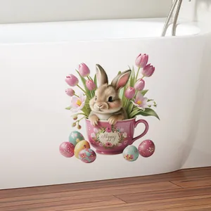 Sticker lapin de Pâques dans une tasse sur baignoire blanche avec tulipes et œufs