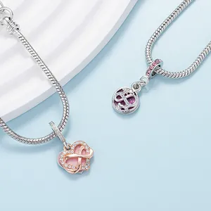 Breloques cœur rose et rond évidé avec zircons sur bracelets DIY maille serpent
