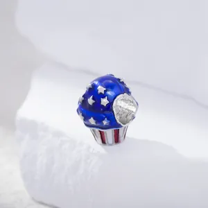 Cupcake charm bead with navy blue enamel and silver stars for DIY jewelry bracelets