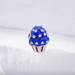 Cupcake charm charm with US flag enamel colors and silver stars for DIY jewelry bracelets